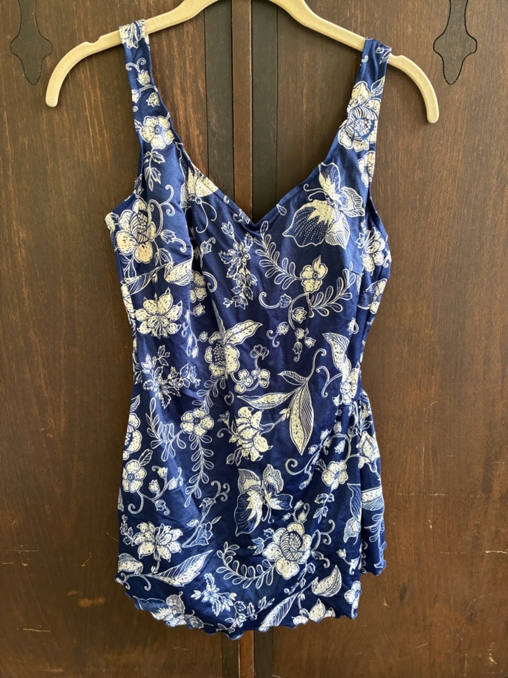 Vintage Longitude Blue and White Floral One-Piece Swimsuit Sz 16 T
